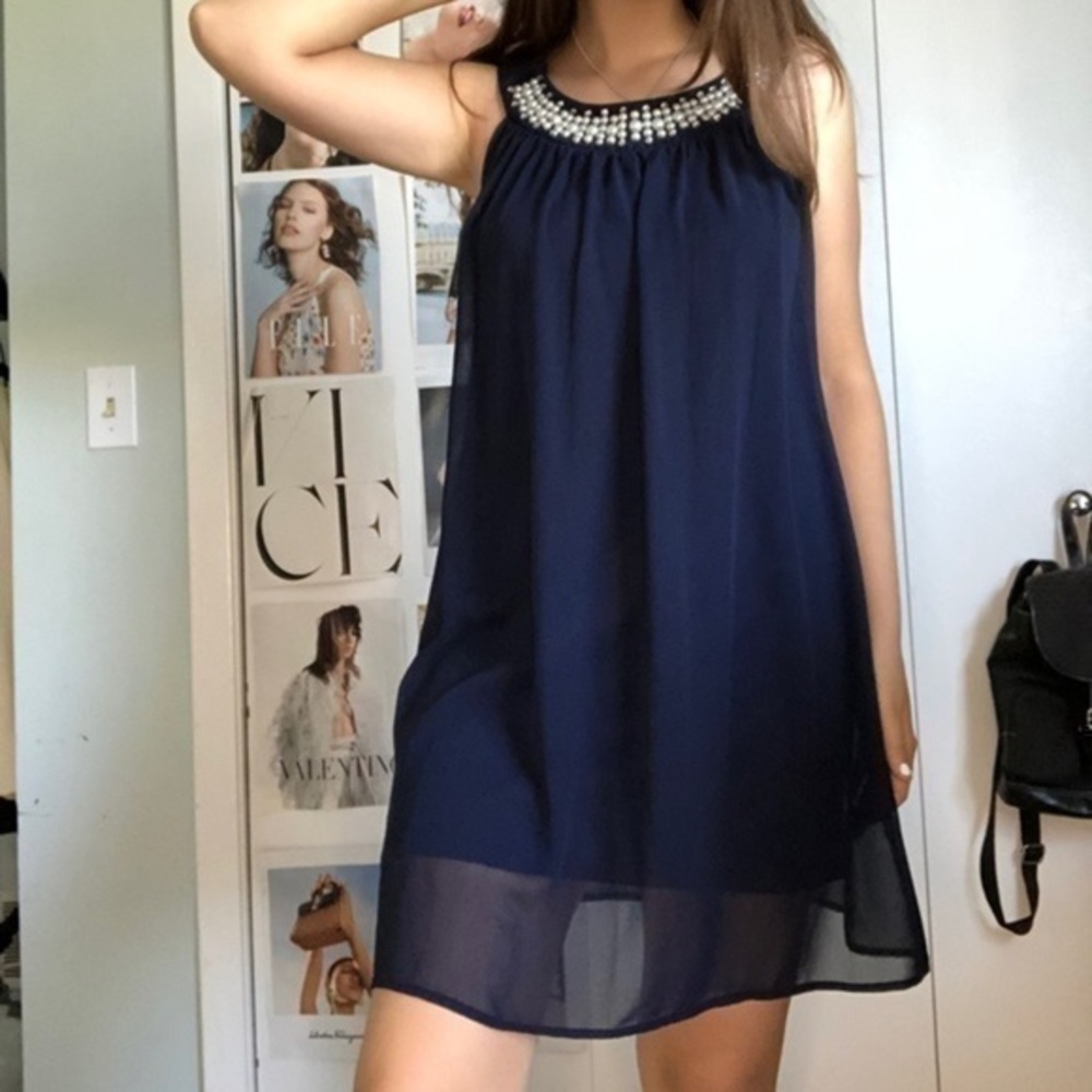 ENFOCUS Dress Navy Blue Pearl Neck